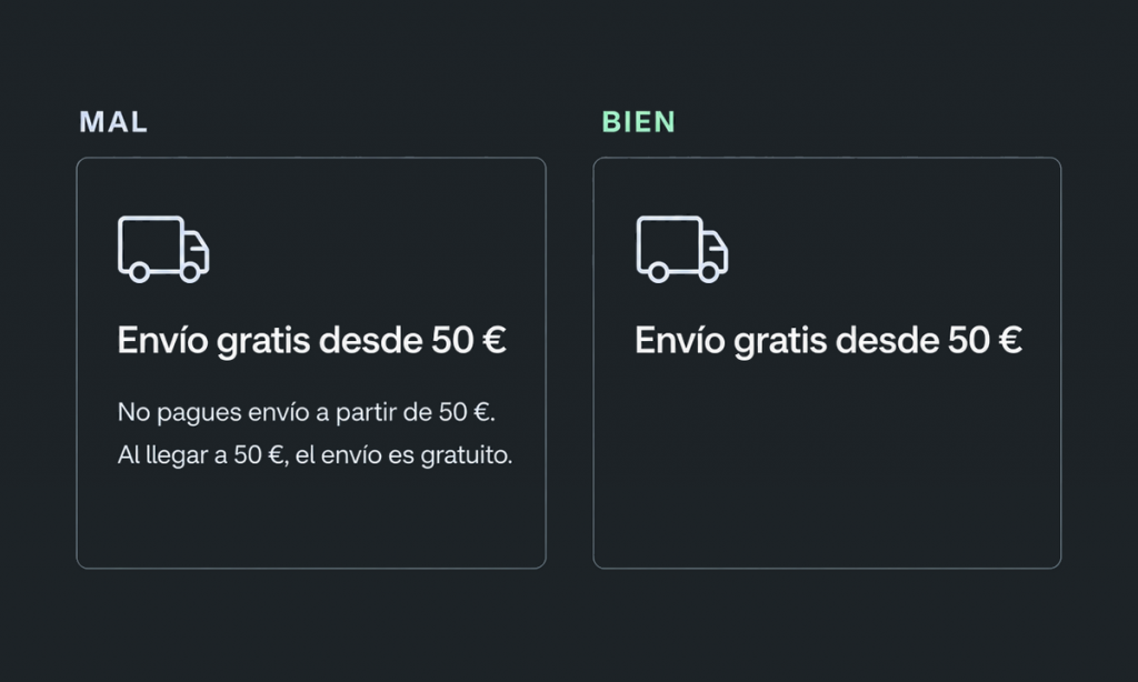 Comparativa: «Envío gratis desde 50 €» con dos frases que repiten la misma información y el mismo mensaje sin repeticiones.
