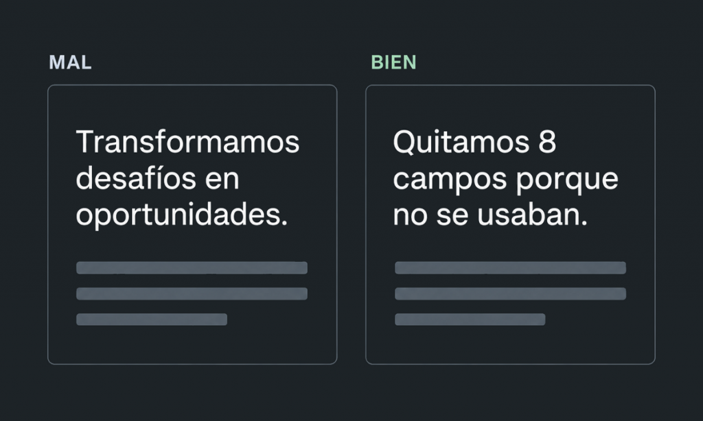 Comparativa: «Transformamos desafíos en oportunidades» frente a un ejemplo concreto: «Quitamos 8 campos porque no se usaban».