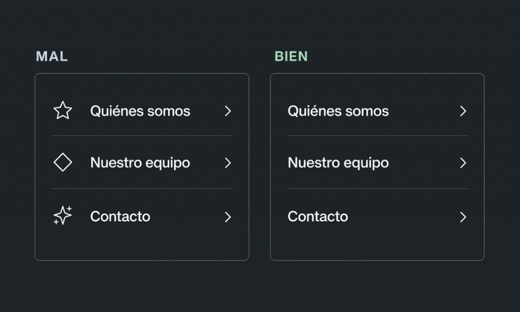 Comparativa: enlaces de navegación con estrellas y un rombo decorativos frente a los mismos enlaces sin esos iconos; ambos conservan las flechas de navegación.