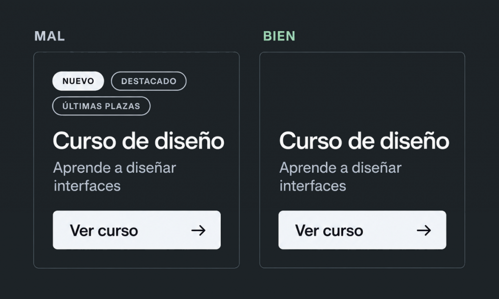 Comparativa: tarjeta de un curso con las etiquetas «Nuevo», «Destacado» y «Últimas plazas» frente a la misma tarjeta sin etiquetas.