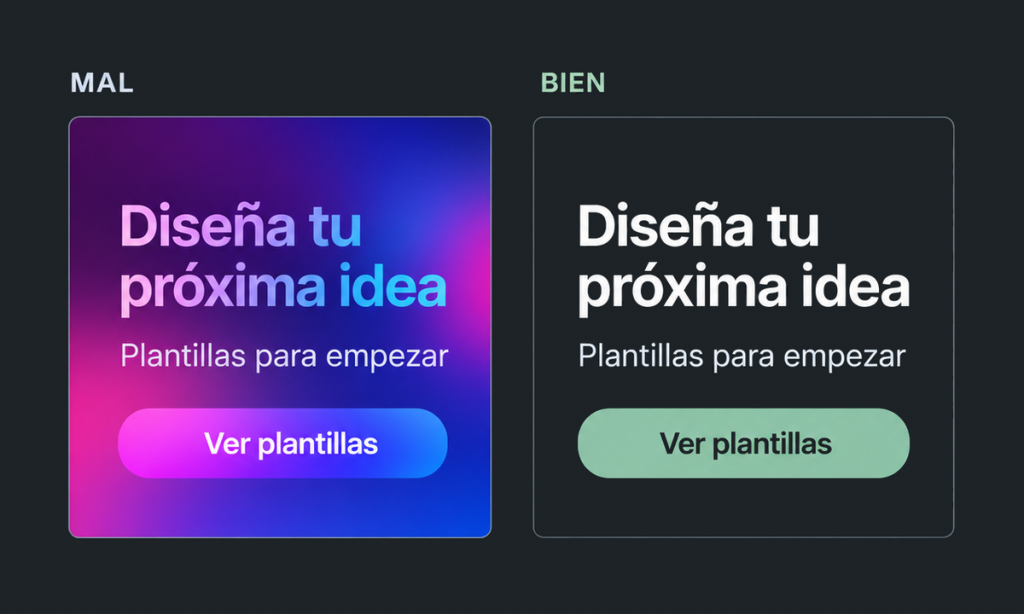 Comparativa: degradados intensos en fondo, título y botón frente a un fondo oscuro, texto blanco y un botón con un degradado verde suave.