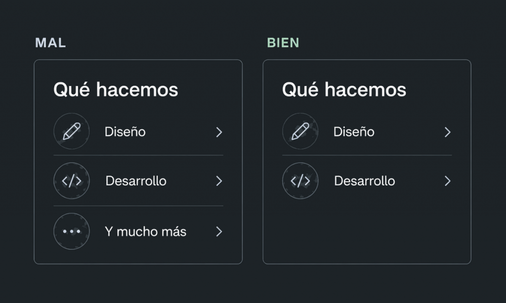 Comparativa: lista de servicios con «Diseño», «Desarrollo» y el relleno «Y mucho más» frente a la misma lista con solo los dos servicios concretos.